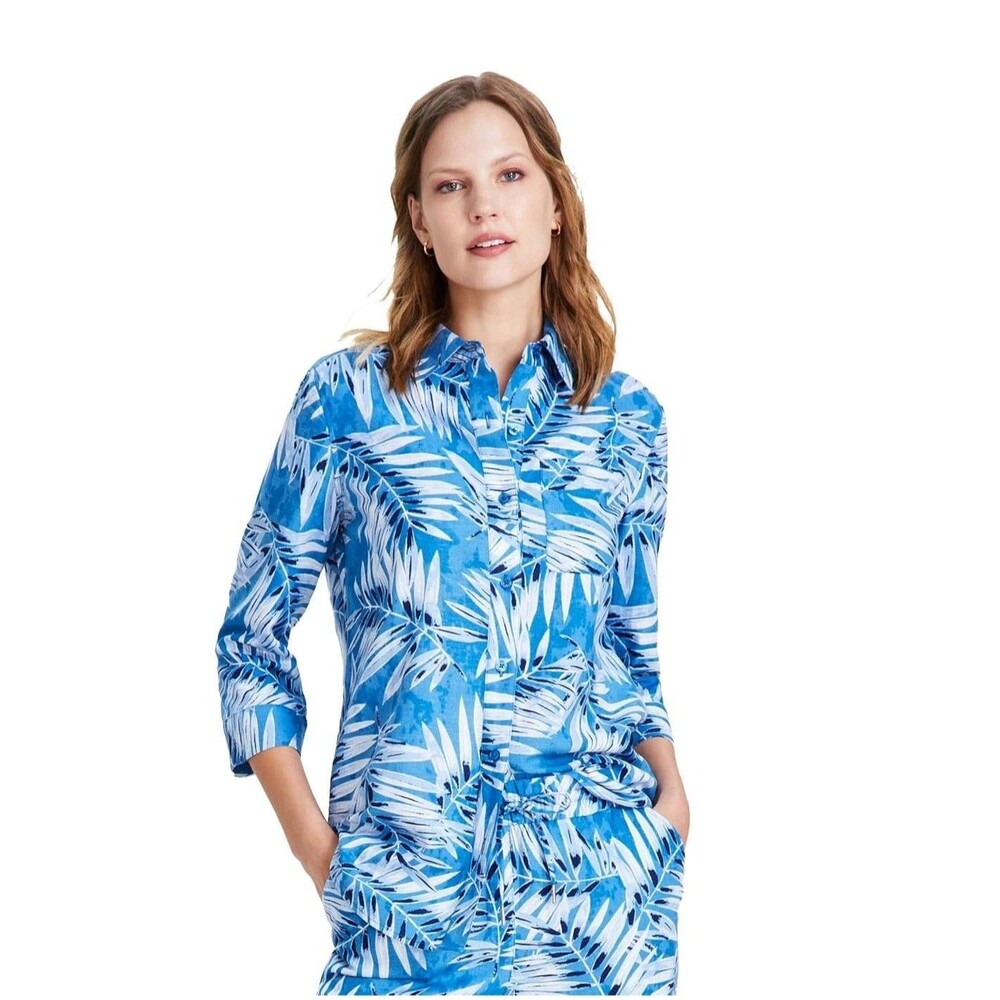 Jones New York Womens XL Bright Blue Lagoon Multi Printed Button Up Top NWT CA70